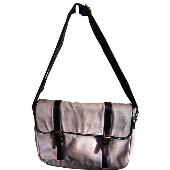 Fossil Estate City Canvas Leather Messenger Bag Briefcase 15”x 11” Khaki Brown
